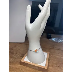Iridescent Beaded Sterling Silver Bracelet With Oval Glass Accent & Lobster Clas thumbnail 8
