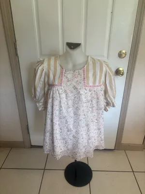NWT Large Entro Boho cream/pink floral/stripe design short puff sleeve top. thumbnail 2