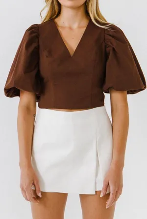Endless Rose Brown Puff Sleeve Top thumbnail 1