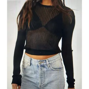 Free People H2O Crew Pullover Open Weave Knit Crop Top Black Size M thumbnail 2