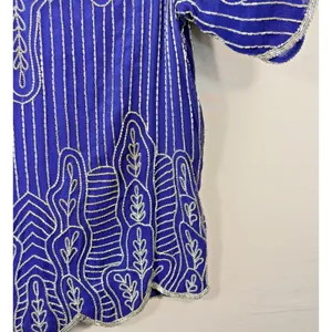 Vintage Royal Blue‎ Silk Beaded Blouse Silver Bugle Bead Scalloped Hem Top Small thumbnail 3