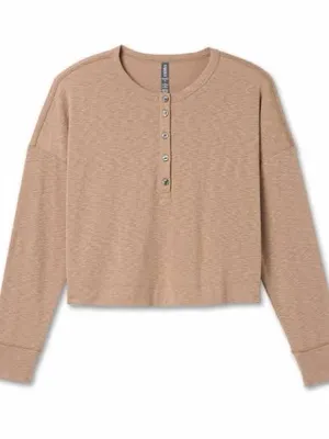 Vuori Women’s Long Sleeve Sunrise Oversize Henley Top Shirt in Goldenrod M thumbnail 3