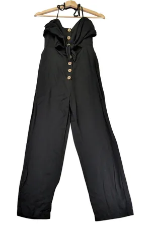 Majorelle‎ Black Tencel Linen Blend Halter Cut-Out Wide Leg Jumpsuit XXS thumbnail 1