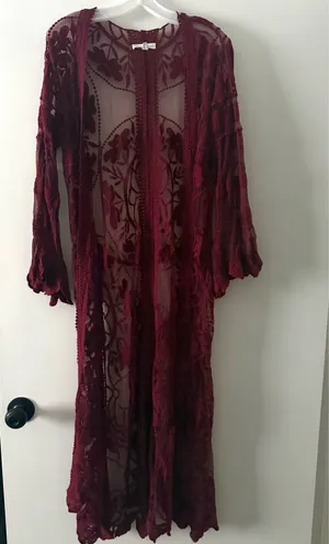 COCO + JAIMESON Burgundy Floral Embroidered Lace Long Duster Kimono XS thumbnail 1