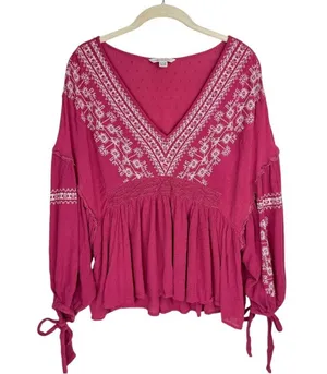 American Eagle Embroidered Boho Top Sz XL Pink Balloon Sleeves thumbnail 2