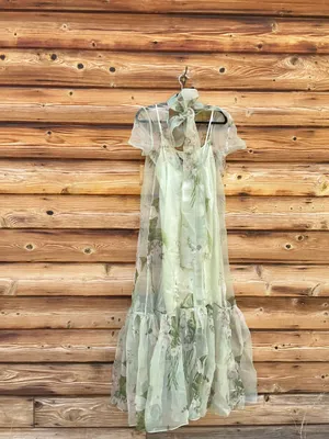 CAARA Melody Size M Green Floral Tie Neck Ruffle Hem Gown Dress Few Moda thumbnail 9