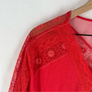 Free People Vibrant Red‎ Ribbed Lace Trimmed Dolman Sleeve Blouse Size M thumbnail 3