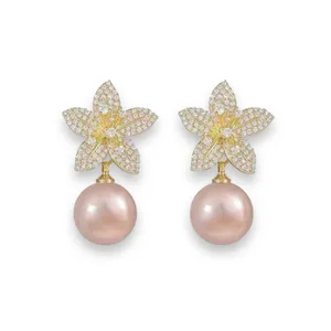Elegant Flower Pearl Dangle Drop Earrings for Women thumbnail 4