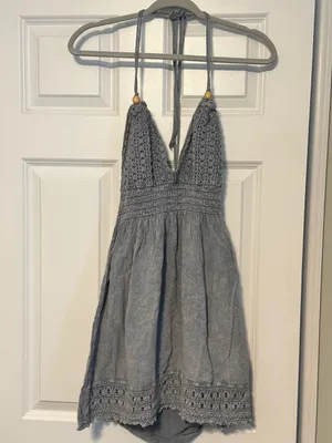 BLANCO by NATURE Summer Wash Gray Mika Beaded Crochet Backless Halter Dress Med thumbnail 3