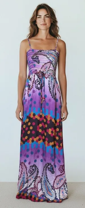 Ark & Co‎ Smocked Maxi Dress Purple Paisley Geometric Spaghetti Strap Size S thumbnail 1