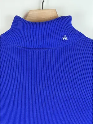 Lauren Ralph Lauren Cobalt Blue Ribbed Cotton Turtleneck Sweater RL Logo XS/S thumbnail 4