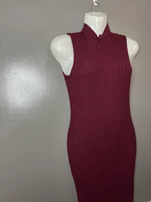 Knit & Love Dress Womens Medium Ribbed Sleeveless Mock Neck Midi Bodycon thumbnail 4