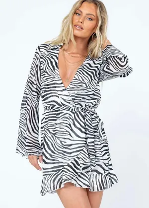 PRINCESS POLLY Women's 10 Marty Long Sleeve Faux Wrap Mini Dress Zebra Belted thumbnail 1