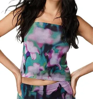 NWOT ~ Purple & Green Floral Sleeveless Off Shoulder Bandeau Crop Tube Top thumbnail 1