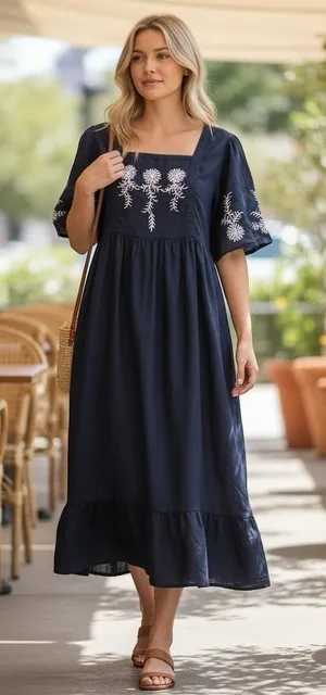 Violet Skies Womens Small Midi Dress Navy Blue Embroidered Boho Crochet Lace NEW thumbnail 1