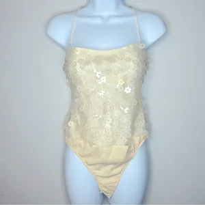 Zara‎ Cream Floral Sequined Bodysuit Size M NWT thumbnail 6