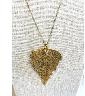 Gold Plated Real Leaf Pendant Necklace With Chain thumbnail 1
