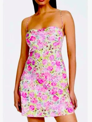 For Love And Lemons Paulina Rose Pink / Green Floral Mini Dress NWT Crossback M thumbnail 1