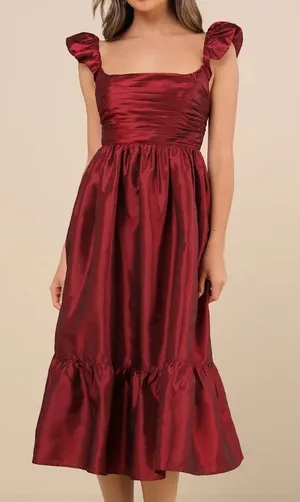 Lulus Poised Passion Wine Red Taffeta Pleated Ruffled Midi Dress thumbnail 1