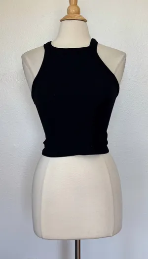Suzette Solid Black Ribbed Halter Tank Top thumbnail 1