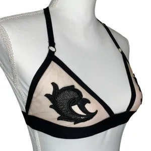 For Love & Lemons Skivvies Black Nude Floral Applique T Strap Bralette S NWT thumbnail 2