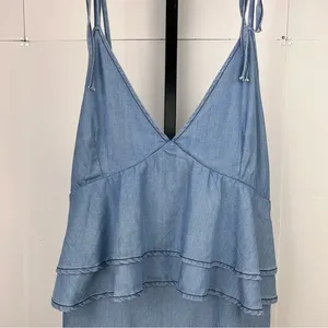 DO+BE Chambray Mini Dress Womens M Blue Tie Strap Ruffle Layered Boho Soft Girl thumbnail 5
