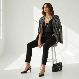 Silkland Black Cream Tweed Plaid Silk Suit Jacket blazer Old Money classic thumbnail 5