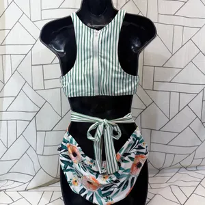 Cupshe One Piece Swimsuit‎ Large Green White Striped Floral Wrap Tie Cutout thumbnail 2