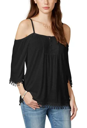 NWT American Rag Crochet-Trim Cold-Shoulder Blouse Shirt Top Classic Black S thumbnail 1