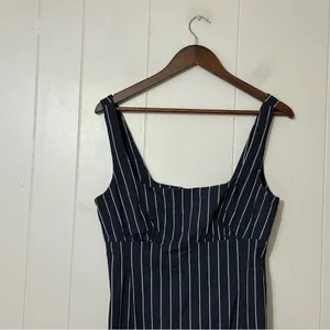 By Anthropologie Pinstripe Midi Dress Size M Navy Square Neck Side Slit thumbnail 5