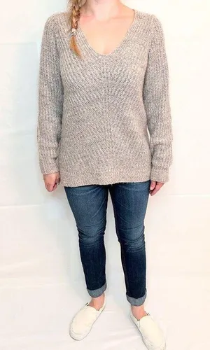 Abercrombie V-Neck Knitted Sweater in Rib - Pink/Grey Marl - M thumbnail 5