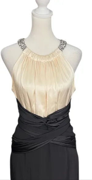 Rickie Freeman Teri Jon 100% Silk Jeweled Halter Black Ivory Formal Gown 6 thumbnail 5