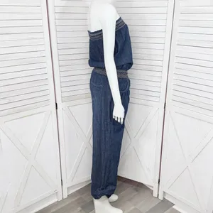 Poetry‎ Boho Smocked Strapless Wide Leg Chambray Jumpsuit Denim Blue Small thumbnail 3