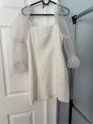 Amanda Uprichard Tia Dress Women's S Ivory Square Neck 3/4 Sheer Sleeve Back Zip thumbnail 2