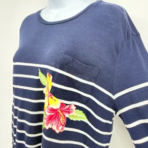 Polo Ralph Lauren Tee Women SM Navy White Stripe‎ Hibiscus Long Sleeve Nautical thumbnail 4