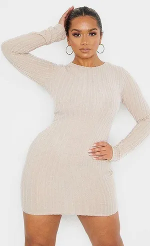 Beige Soft Ribbed Mini Long Sleeve Dress Fall & Winter Layering thumbnail 3