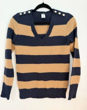 J Crew Sweater Women Wool Brown Pullover Blue Striped V Neck mohair XS thumbnail 1