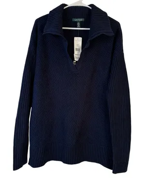 Lauren Ralph Lauren Capri Navy Blue Split Neck‎ Waffle Knit Sweater Large thumbnail 1
