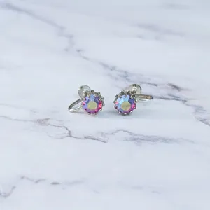 Vintage Screw On Earrings Iridescent Dark Pink Gems - Fair Condition thumbnail 2