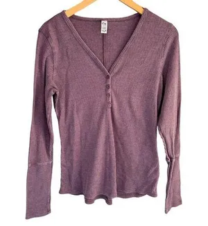 Zyia Active Don't Wake Me Purple Waffle Knit Button Front Henley Top - Large thumbnail 1