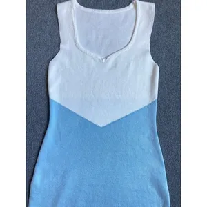 Knit Color Block Midi Dress White Blue‎ Sweetheart Neck Sleeveless Sheath Dress thumbnail 3
