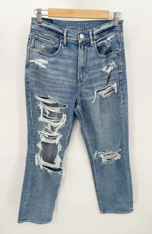 American‎ Eagle Highest Rise 90s Boyfriend Jeans Womens 6R Blue Distressed thumbnail 1