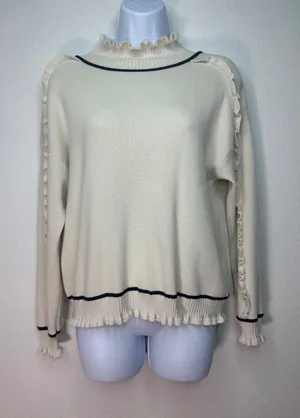 Adrianna Papell Cream Ruffle Trim Mock Neck‎ Long Sleeve Knit Sweater size M thumbnail 1