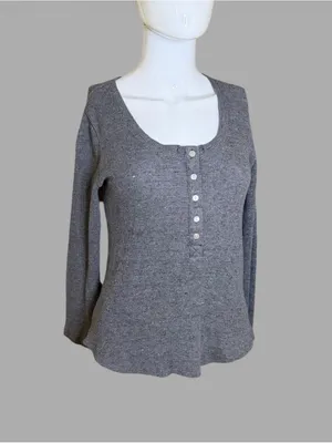 Lucky Brand Gray Ribbed Scoop Neck Henley Long Sleeve Top thumbnail 2