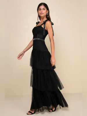 Lulus Enticing Mystique Black Tulle Tie-Strap Tiered Maxi Dress Size Small NWT thumbnail 4