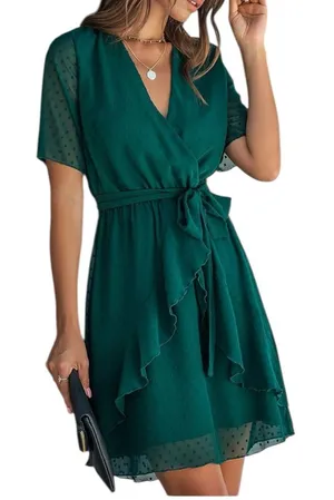 Boutique Brand Faux Wraps Neck Ruffle Swing Dress in Dark Green Size Medium thumbnail 1