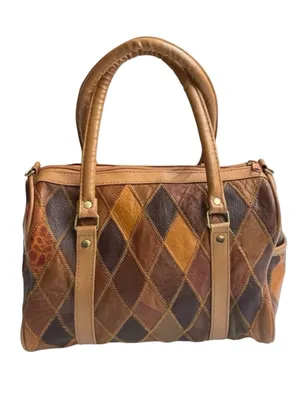 VTG Genuine Leather Patchwork Satchel Brown Multi-Tone Zip Top Western Purse thumbnail 4