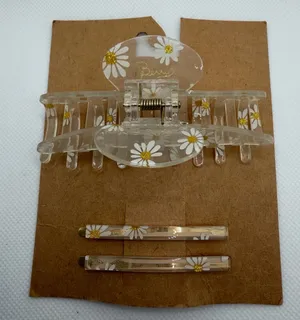 Clear Daisy Hair Claw and Pin Set - White & Gold Floral thumbnail 1