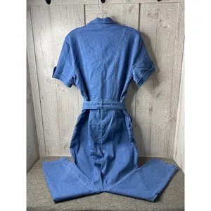 Haute Monde Blue Denim Jumpsuit Stretch Tie Waist Button Front Pockets Womens L thumbnail 2