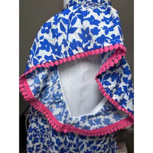 THML Anthropologie XL Blue White Floral Tiered Babydoll Dress Pink Pom Pom Trim thumbnail 6